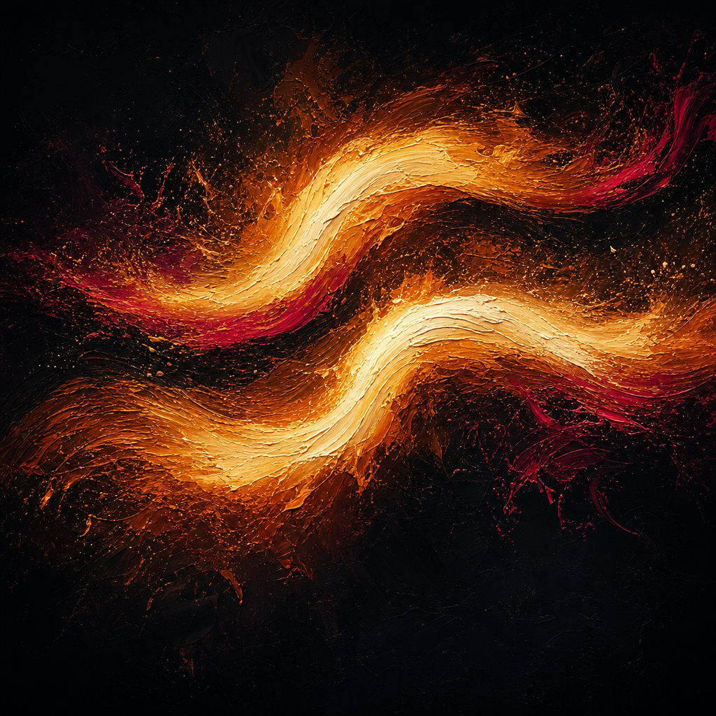 Abstract painting of warm amber brushstrokes in thick impasto layers against dark canvas