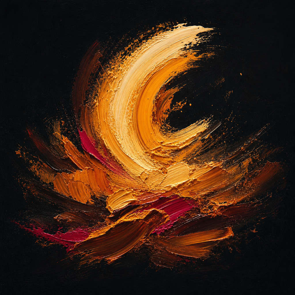 Abstract painting of warm amber brushstrokes building upward in thick impasto layers against dark canvas