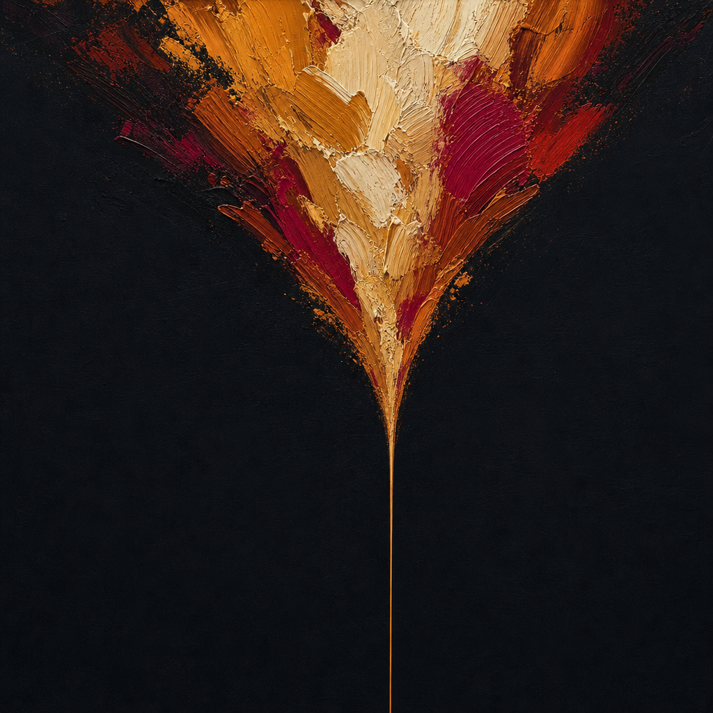 Abstract painting of colorful brushstrokes funneling through narrow passage, emerging as uniform thin line against dark canvas