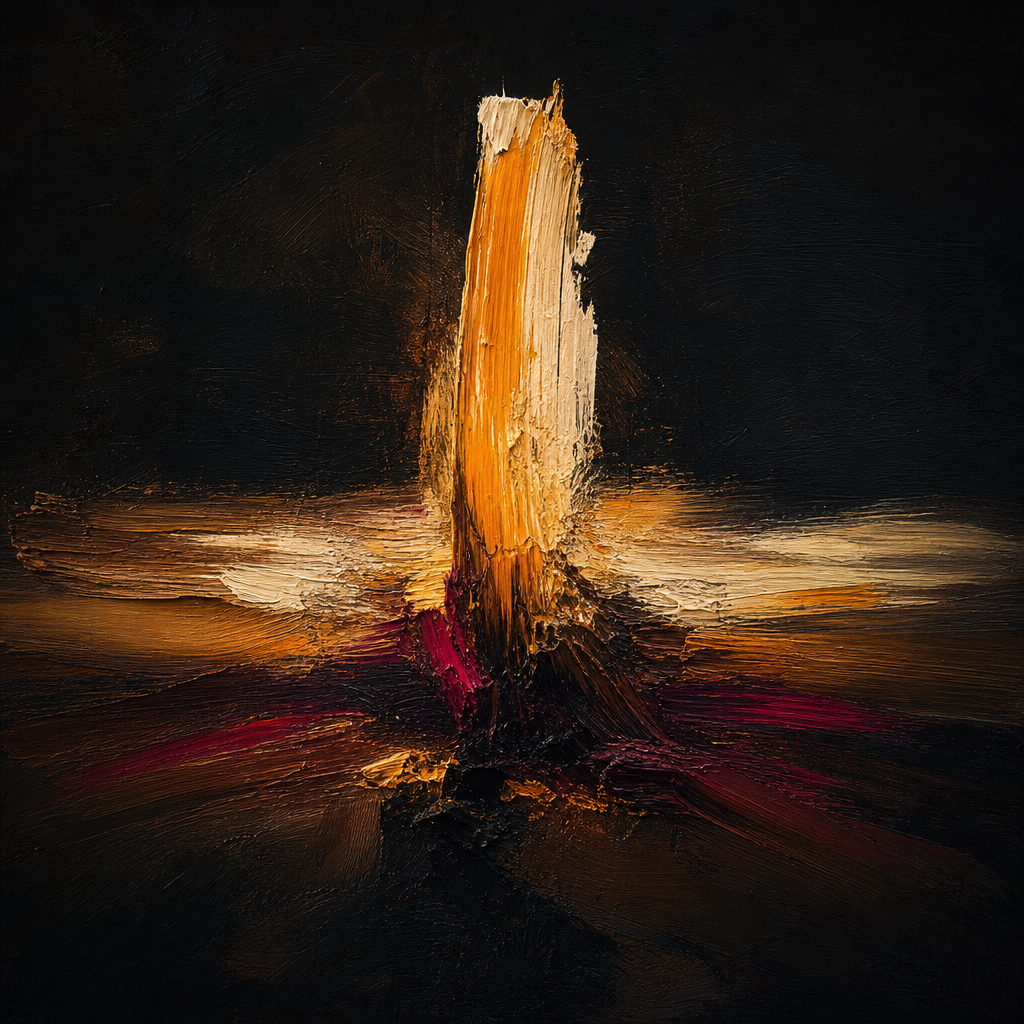 Abstract painting of single thick amber brushstroke standing upright against dark canvas, surrounded by flattened traces