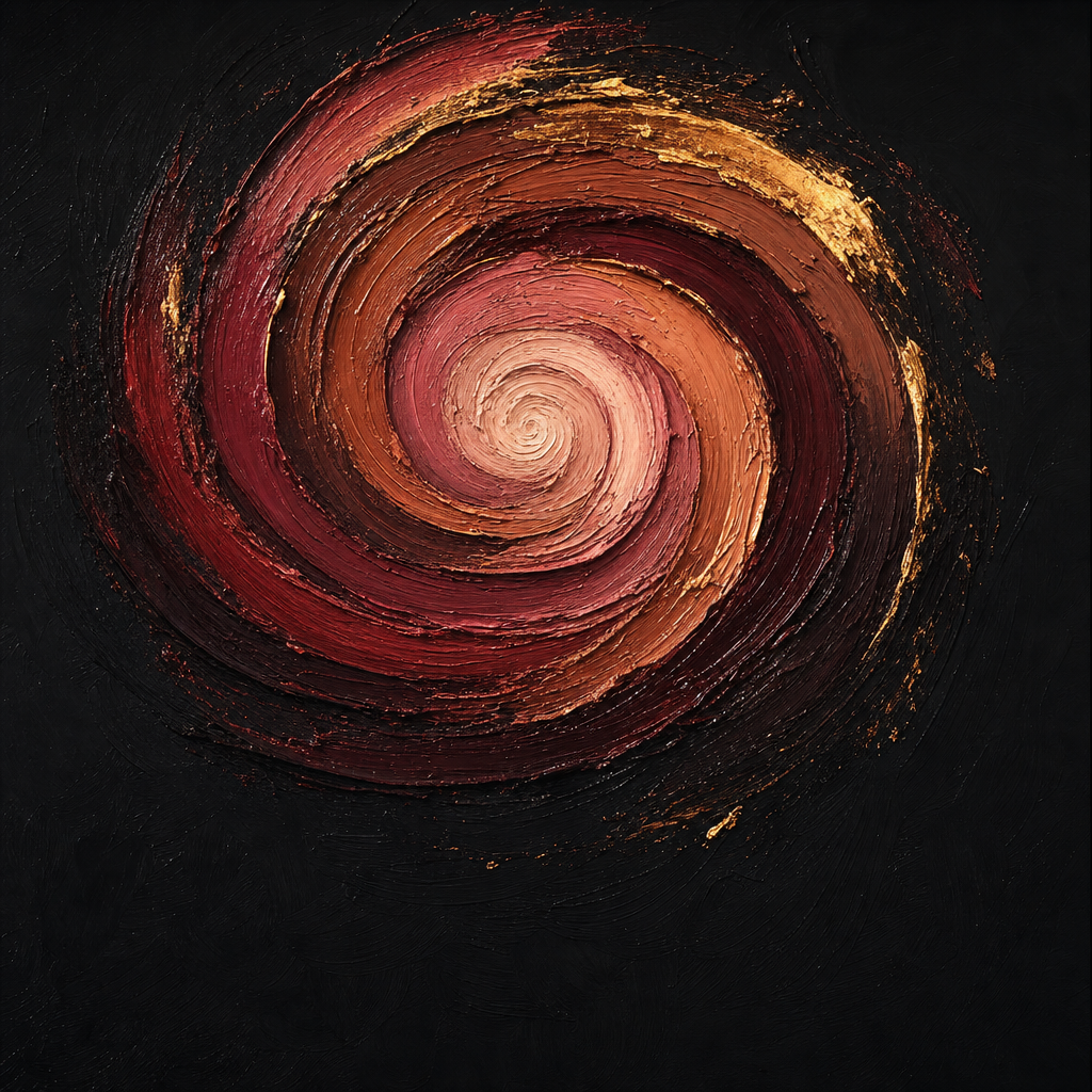 Abstract painting of warm amber brushstrokes circling inward in a tightening spiral against dark canvas