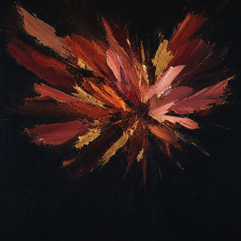 Abstract painting of thick warm brushstrokes radiating outward from central cluster against dark canvas