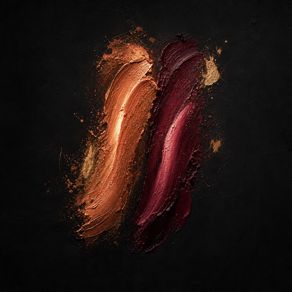 Abstract painting of two parallel brushstrokes in warm amber and deep magenta running side by side on dark canvas