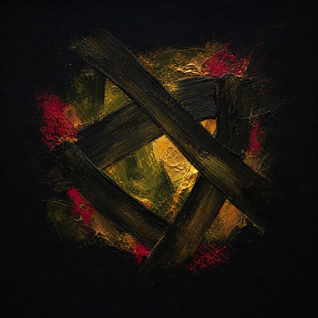 Abstract painting of three dark interlocking strokes forming cage around warm amber glow on dark canvas