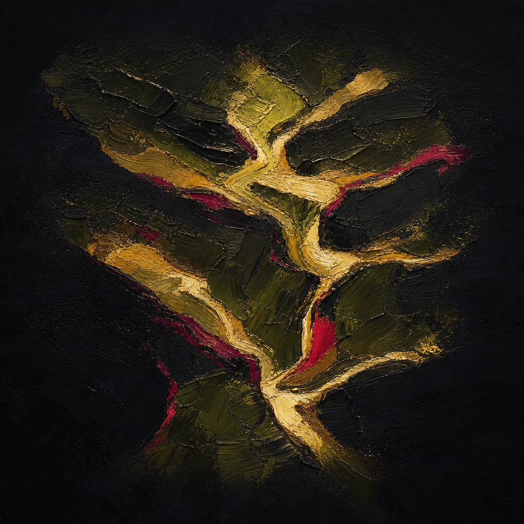 Abstract painting of warm amber paint flowing through narrow channels between dark barriers on dark canvas