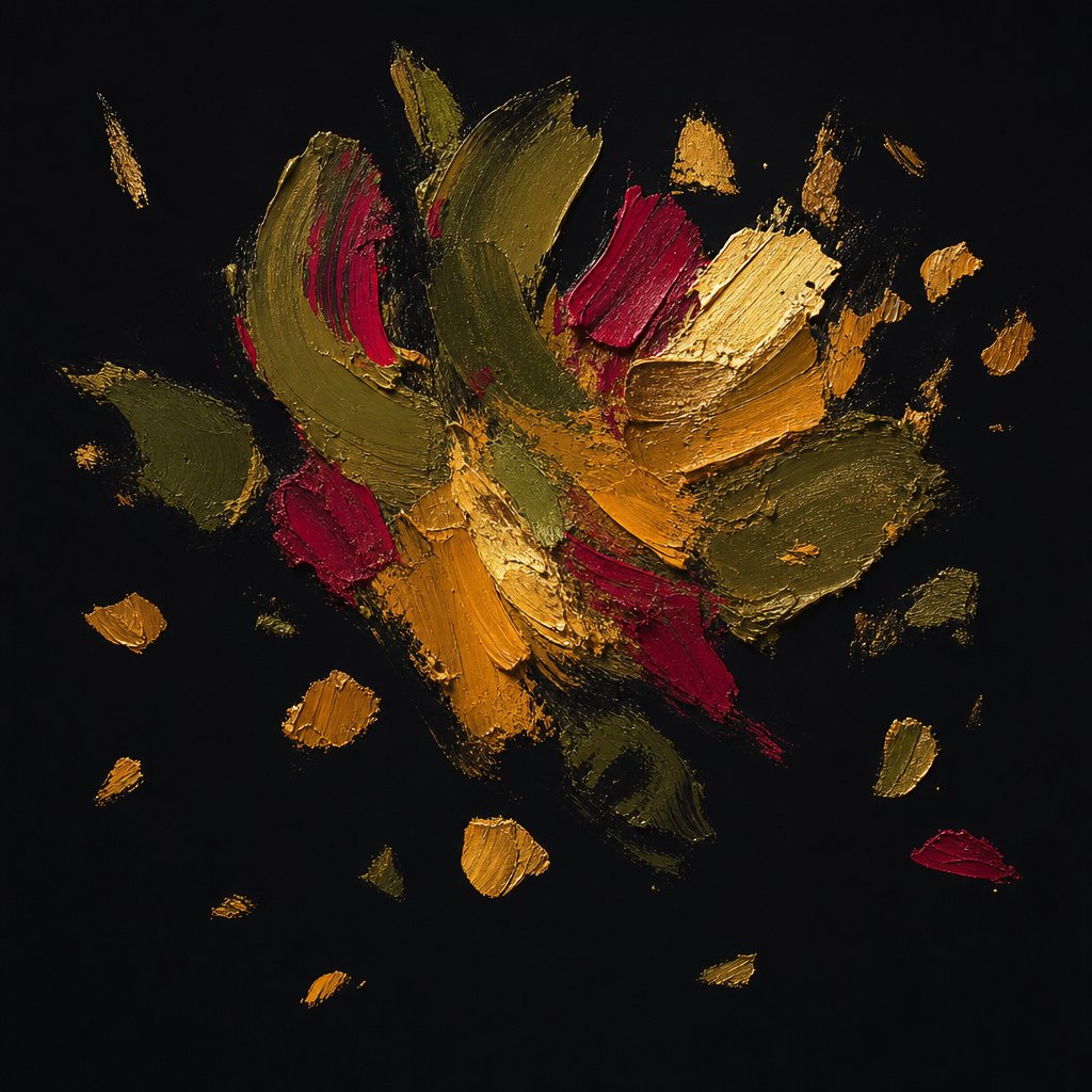 Abstract painting of scattered disconnected fragments of warm paint on dark canvas