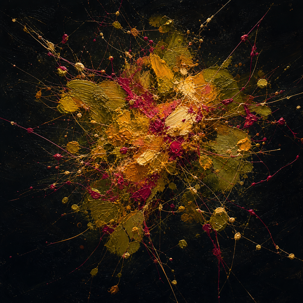 Abstract painting of interconnected warm brushstrokes linked by magenta and cream filaments forming radiating network on dark canvas
