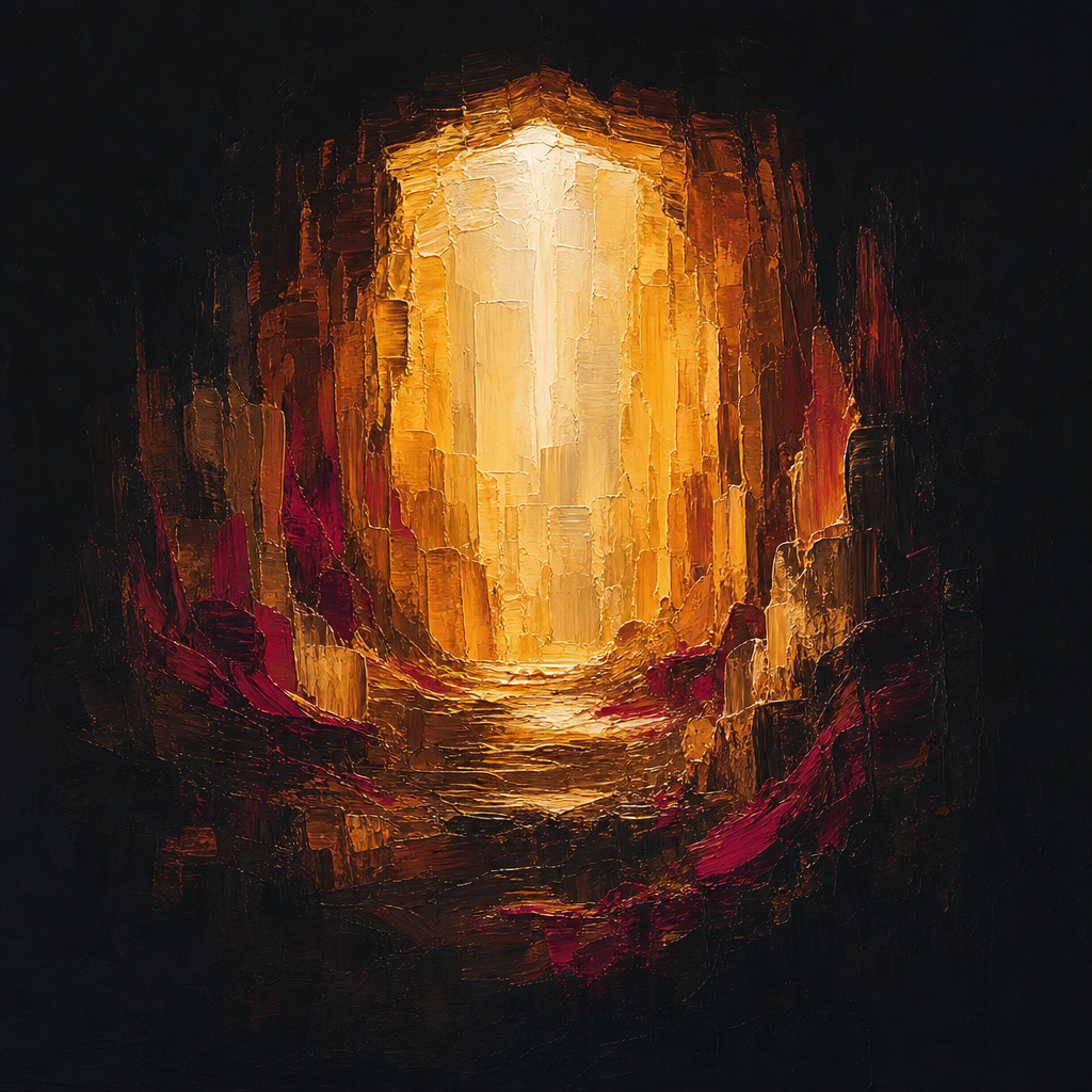Abstract oil painting of concentric amber brush strokes forming a warm, open alcove radiating golden light