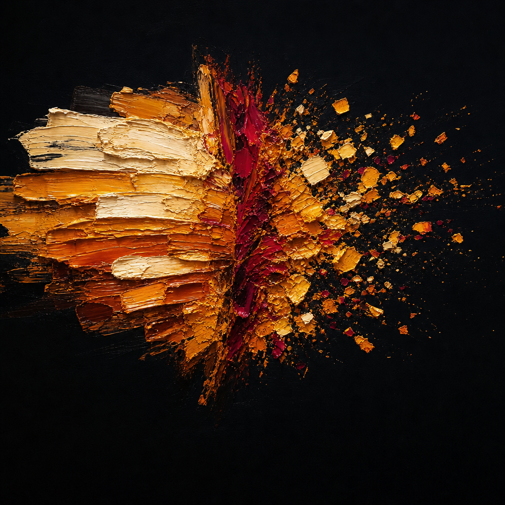 Abstract oil painting contrasting dense amber layers building horizontally with scattered bright fragments drifting away